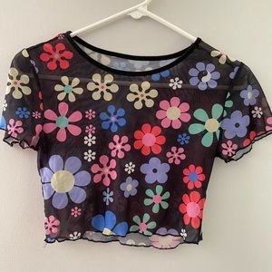 Shein sheer mesh flowers floral retro cropped tee shirt top colorful bohemian